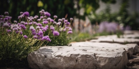 Obraz na płótnie Canvas Serenity in Purple: A Minimalistic Garden with Stone Border and Blooming Flowers, generative ai
