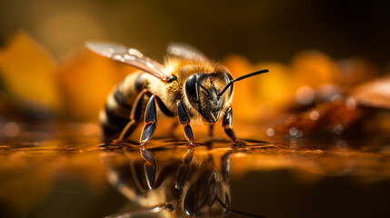 A bee drinks water from a puddle.