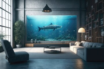 Beautiful Light Modern Interior With A Wall Made from the shark tank. Generative AI