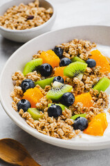 Yogurt with Granola, Kiwi, Blueberries, and Orange in a Bowl, Healthy Snack or Breakfast