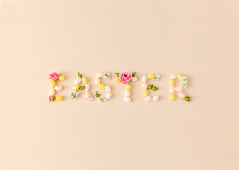 Fototapeta na wymiar The word 'Easter' with colorful eggs. Easter minimal concept