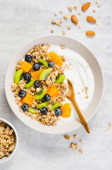 Yogurt with Granola, Kiwi, Blueberries, and Orange in a Bowl, Healthy Snack or Breakfast