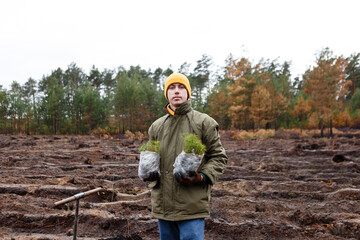 man holds packages of seedlings before planting forest in spring