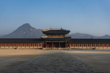 Gyeongbokgung Palace and Heungnyemun gate during winter morning at Jongno-gu , Seoul South Korea : 8 February 2023