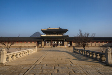 Gyeongbokgung Palace and Geunjeongmun during winter morning at Jongno-gu , Seoul South Korea : 8 February 2023