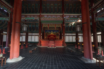 The Throne Hall or Geunjeongjeon at Gyeongbokgung Palace and around during winter morning at Jongno-gu , Seoul South Korea : 8 February 2023 - obrazy, fototapety, plakaty