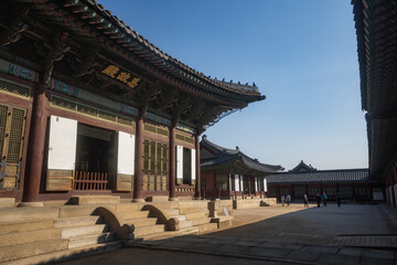 Gyeongbokgung Palace and Sajeongjeon during winter morning at Jongno-gu , Seoul South Korea : 8 February 2023