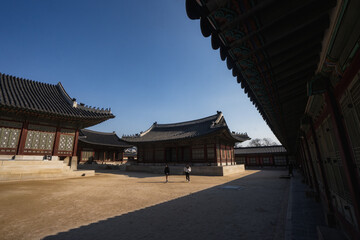 Gyeongbokgung Palace and Sajeongjeon during winter morning at Jongno-gu , Seoul South Korea : 8 February 2023 - obrazy, fototapety, plakaty