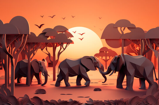 African Elephants Kirigami-style of African Elephants walking in the savannah, surrounded by trees and grasses, paper art