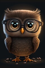 Fototapeta premium Cute owl with glasses and coffee beans on a black background. Generative AI illustration
