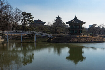 Gyeongbokgung Palace and Hyangwonjeong Pavilion with Chwihyang bridge during winter morning at Jongno-gu , Seoul South Korea : 8 February 2023