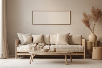Fototapeta premium Living room interior wall mockup in warm neutrals with low couch, beige cushion, dried Pampas grass, caned table, and japandi style furniture on empty white wall backdrop, illustration. Generative AI