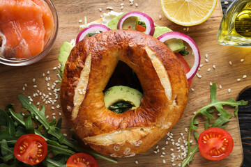 Concept of delicious food - tasty bagel sandwich, top view