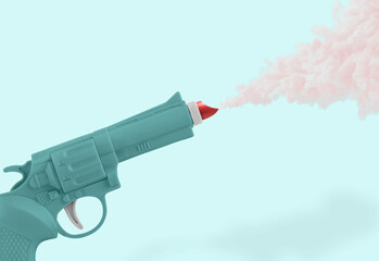 Minimal abstract funny scene made with gun, red lipstick and pale-pink smoke on isolated pastel...