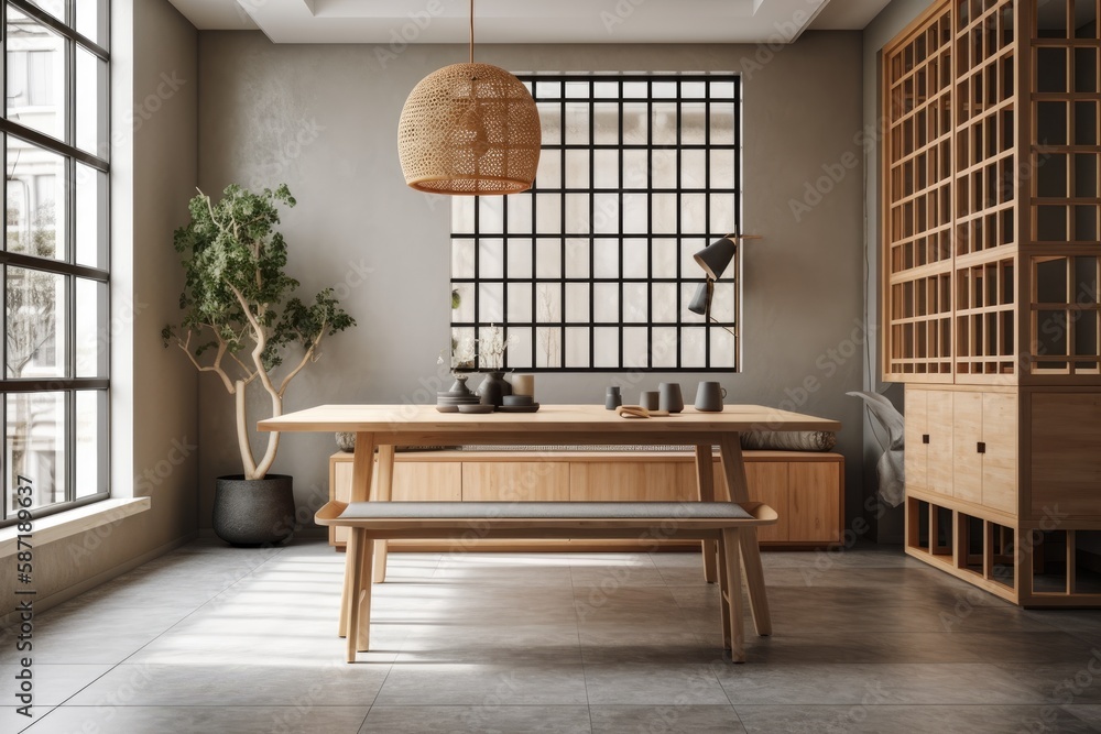 Poster cozy dining room with a rustic table and bench. generative ai