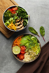 Bowls with tasty and nutritious food, top view