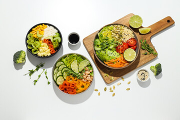 Bowls with tasty and nutritious food, top view
