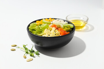 Bowl with tasty and nutritious food, delicious homemade lunch