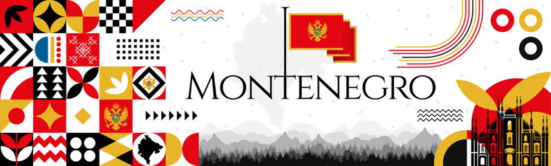 The Montenegro Independence Day abstract banner design with flag and map. Flag color theme geometric pattern retro modern Illustration design. Red, Blue and Yellow color template. - obrazy, fototapety, plakaty