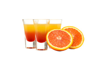 Orange drink shot, isolated on white background