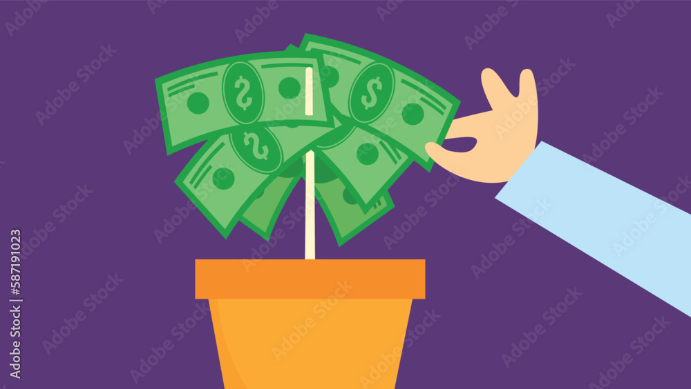 Canvas Prints Growing money in a flowerpot. Flat design vector illustration.