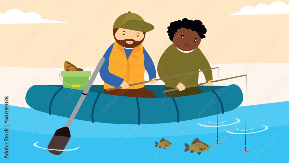 Sticker two friends fishing on a boat. vector illustration in flat style