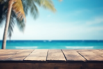 Fototapeta premium Empty wood table in front of blue sky on summer sea with palm leaf blurred bokeh background concept image for product Generative AI
