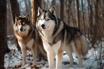 two canine breeds Walking through a winter woodland is an Alaskan Malamute. Generative AI