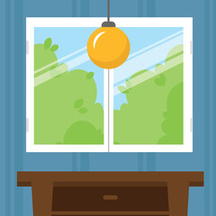 Fototapeta premium Window with green trees in the room vector flat design illustration. Square layout.