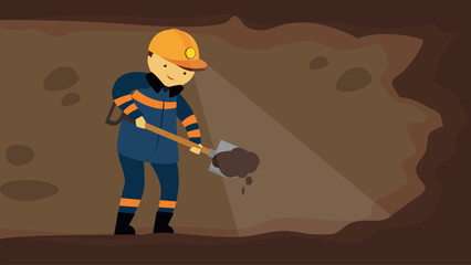 Worker in a mine. Vector illustration in flat design style.