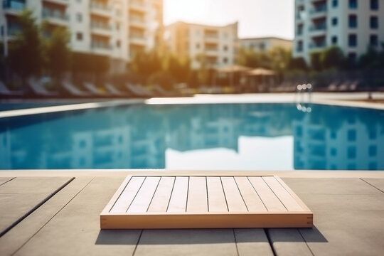 Empty wood table in front of swimming pool at summer blurred background concept image for product Generative AI
