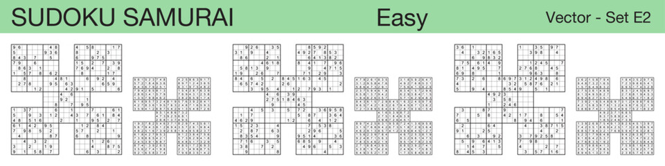 A set of 3 easy scalable sudoku Samurai puzzles suitable for kids, adults and seniors and ready for web use, or to be compiled into a standard or large print activity book.