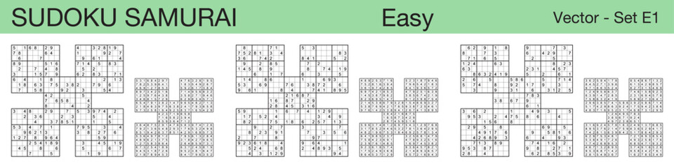 A set of 3 easy scalable sudoku Samurai puzzles suitable for kids, adults and seniors and ready for web use, or to be compiled into a standard or large print activity book.