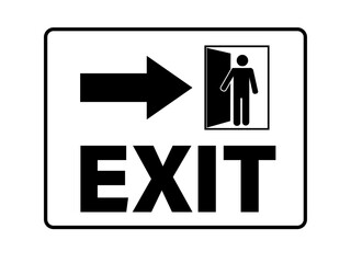 Exit door indication sign with a silhouette of person opening the door, a directional arrow and text