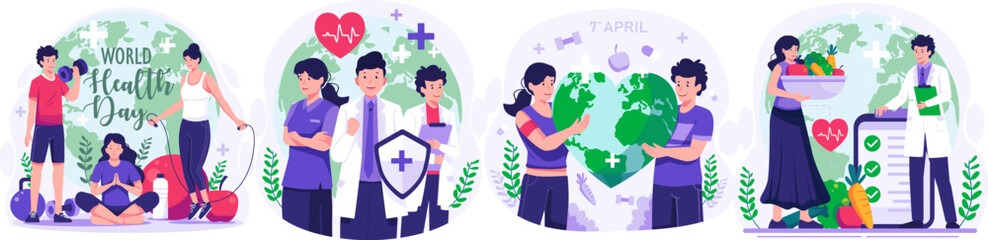 Illustration Set of World Health Day concept with Group of staff medical doctors and nurses, people living healthy activity, person jogging, cycling, yoga. vector illustration