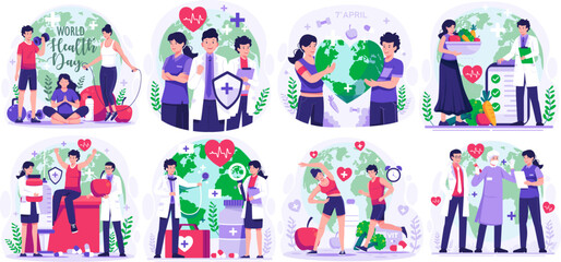 Huge Illustration Set of World Health Day concept with Group of staff medical doctors and nurses, people living healthy activity, person jogging, cycling, yoga. vector illustration