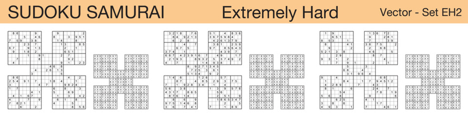 A set of 3 extremely difficult scalable sudoku Samurai puzzles suitable for kids, adults and seniors and ready for web use, or to be compiled into a standard or large print activity book.