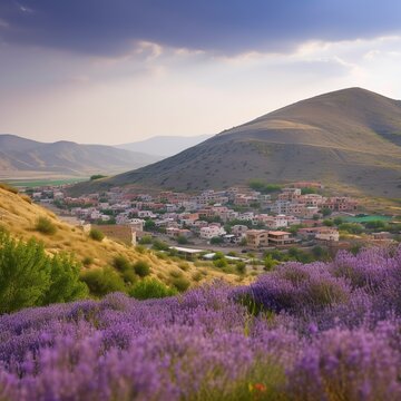 plantings of lavender, tourist-oriented homes, and hills covered in shrubs against a backdrop of distant mountains and a clear sky, Anatolia has a bright, attractive natural landscape ,Generative AI.