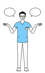 ふきだしつき、比較をする中年・シニア男性看護師、理学療法士、作業療法士、言語聴覚士、看護助手