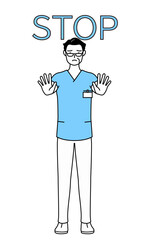 ストップの合図、体の前に手を突き出す中年・シニア男性看護師、理学療法士、作業療法士、言語聴覚士、看護助手