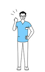 ガッツポーズをする中年・シニア男性看護師、理学療法士、作業療法士、言語聴覚士、看護助手