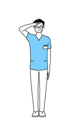 最敬礼する中年・シニア男性看護師、理学療法士、作業療法士、言語聴覚士、看護助手