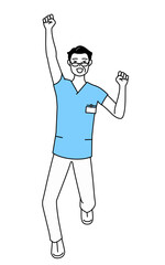 笑顔でジャンプする中年・シニア男性看護師、理学療法士、作業療法士、言語聴覚士、看護助手