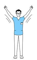 ラジオ体操をする中年・シニア男性看護師、理学療法士、作業療法士、言語聴覚士、看護助手