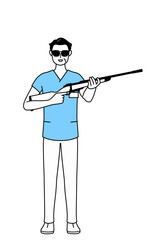 サングラスをかけてライフル銃を持つ中年・シニア男性看護師、理学療法士、作業療法士、言語聴覚士、看護助手