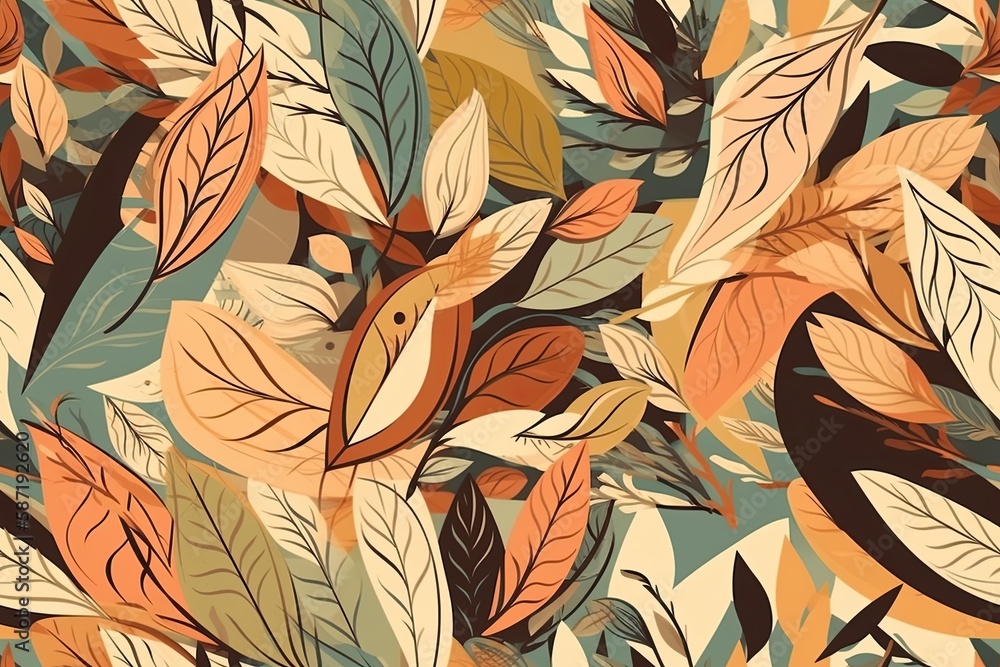 Poster blue background with a repeating pattern of leaves and birds. generative ai