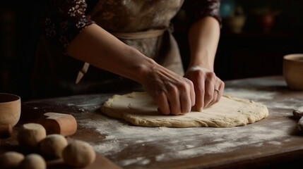 A woman kneading dough on a table