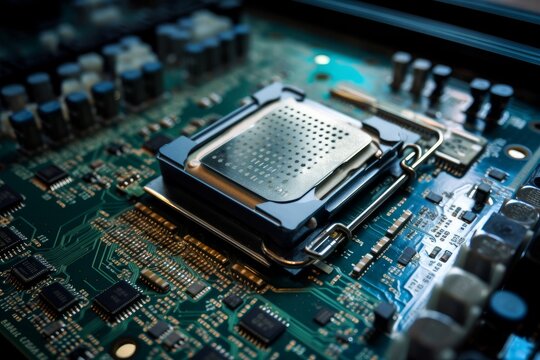 Central computer processors CPU on motherboard, technology background, chip on board, digital computer science. Generative AI Technology