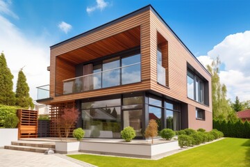 Fototapeta na wymiar Exterior image of a new luxurious modern house eco friendly. Sustainability in urban construction nowadays. Generative AI Technology