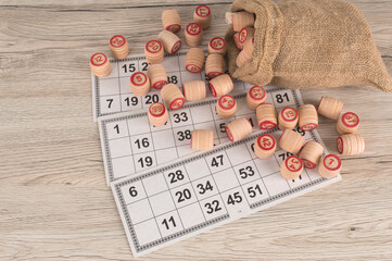 Wooden Lotto Barrels With Bag, Playing Cards For Lotto Game.